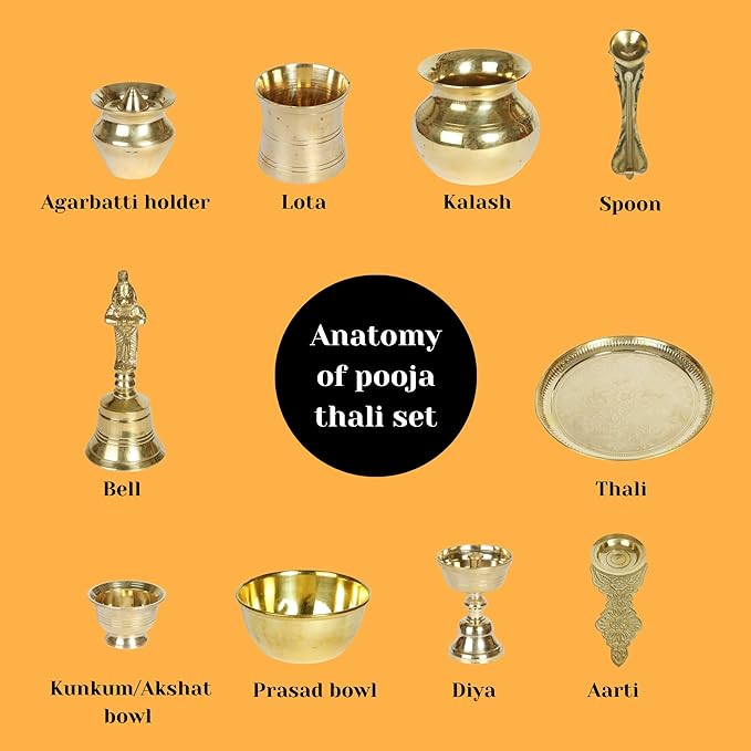 Arushi Creations Pure Brass Pooja Thali Set | Panchapatra Puja Samagri/Accessories for Home Mandir, Temple Essentials