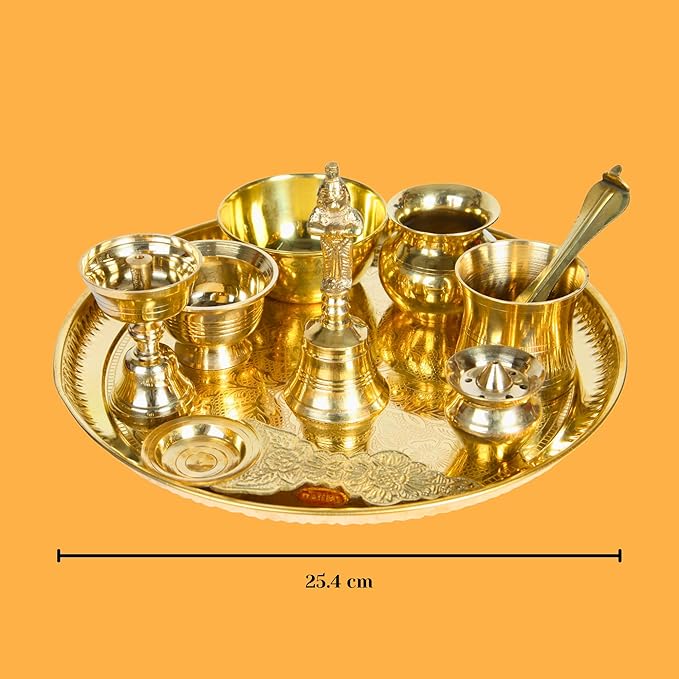 Arushi Creations Pure Brass Pooja Thali Set | Panchapatra Puja Samagri/Accessories for Home Mandir, Temple Essentials