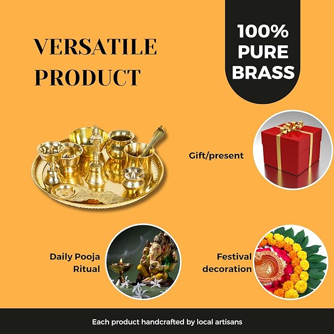 Arushi Creations Pure Brass Pooja Thali Set | Panchapatra Puja Samagri/Accessories for Home Mandir, Temple Essentials