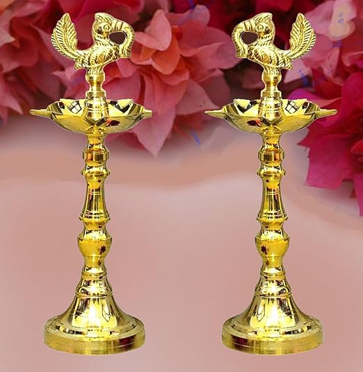 Denique Brass Nakshi Peacock Kerala Mahabharat Oil/Ghee Diya, Deepak, Lamp Design Long Diyas for Home, Pooja Room, Pancharti, Panchmukhi Diya for Puja, Decoration, Aarti,(21 C.M)Pack of (2)