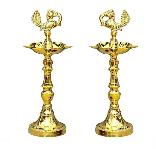 Denique Brass Nakshi Peacock Kerala Mahabharat Oil/Ghee Diya, Deepak, Lamp Design Long Diyas for Home, Pooja Room, Pancharti, Panchmukhi Diya for Puja, Decoration, Aarti,(21 C.M)Pack of (2)