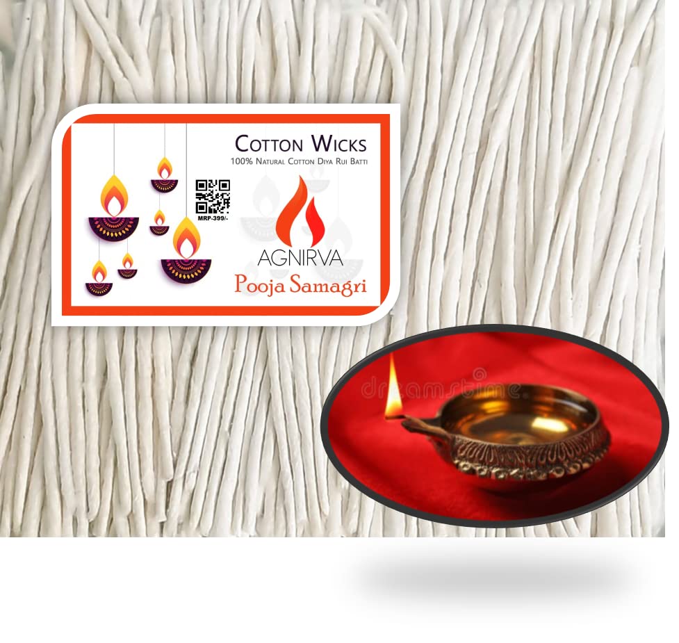 Agnirva Long Cotton Wicks Lambi Batti Diya Batti Rui Batti for Pooja TempleVattalu, Deepam for aarti for Puja (White Long Wicks Pack of 500 Wicks)